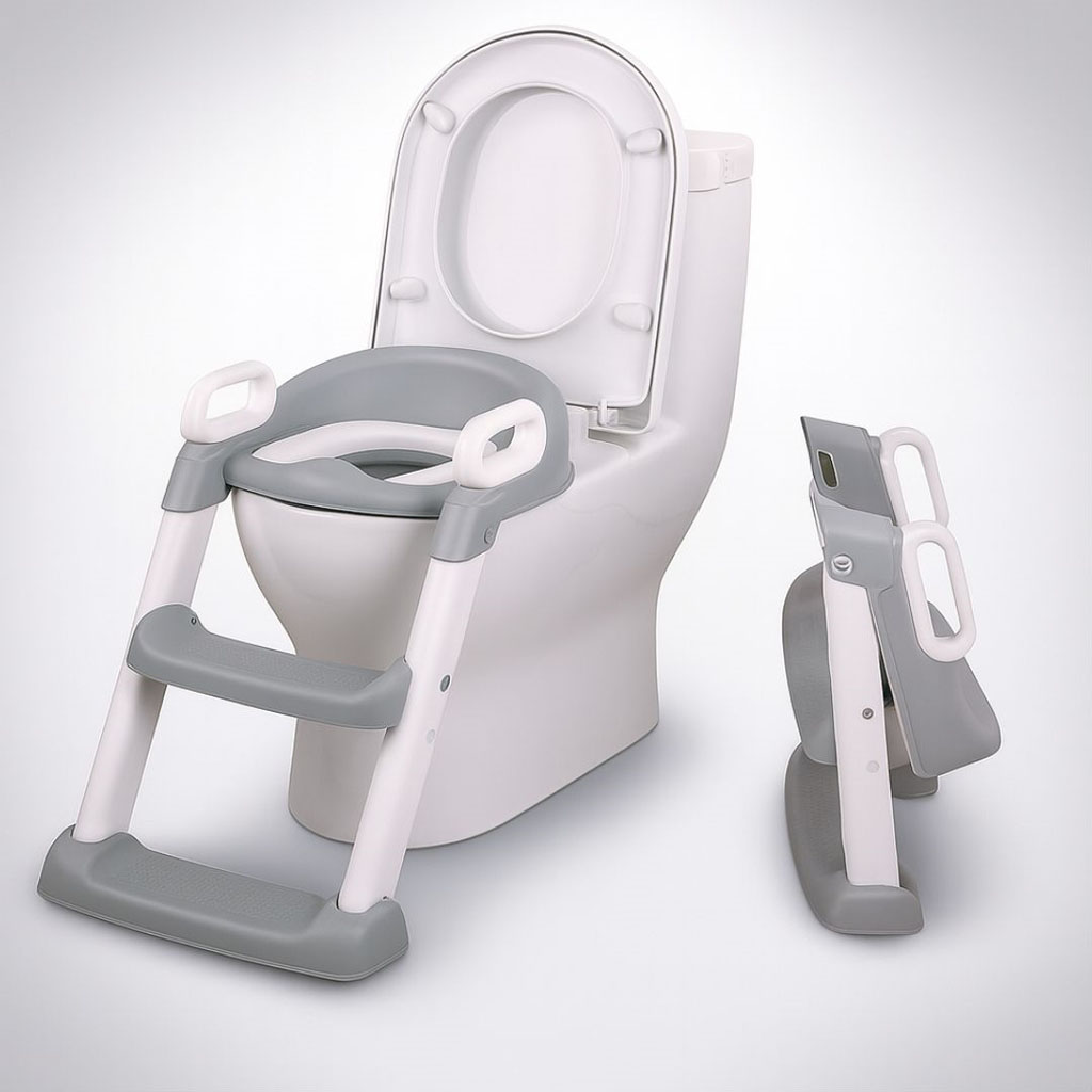 Adaptador WC infantil con escalera, color gris y blanco