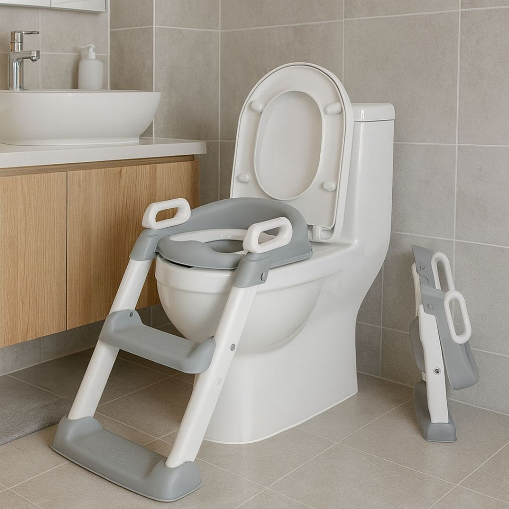 Adaptador WC infantil con escalera, color gris y blanco - Imagen 2